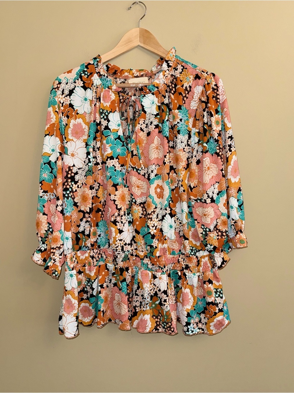 Melloday NWT Floral Tie Neck 3/4 Sleeve Blouse Sz 2X Smocked Vacation Comfy Chic